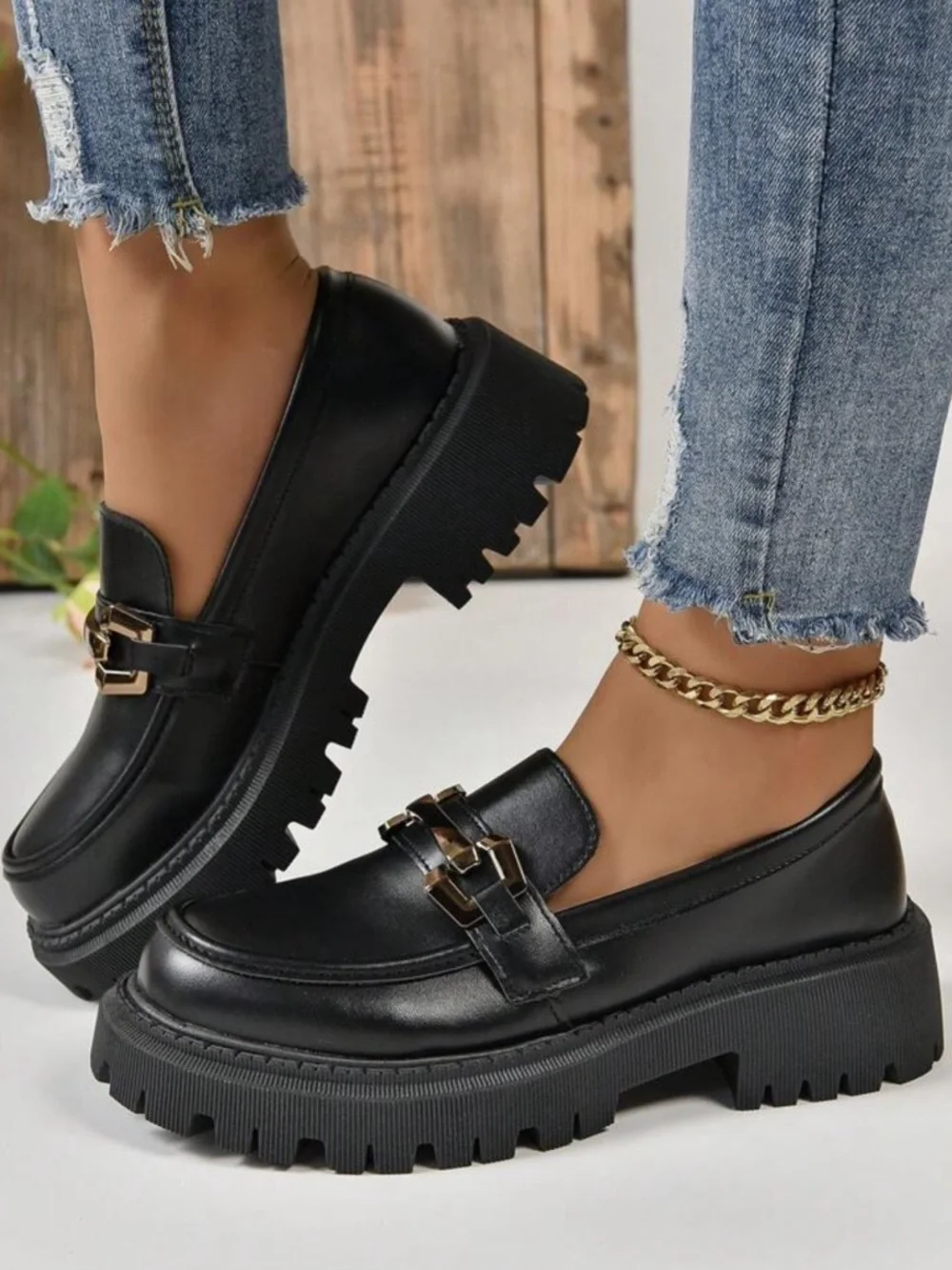 Black Chunky Platform Loafers with Gold Hardware - 9.5 - Picture 3 of 6